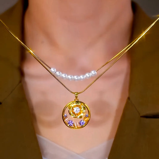 18K Gold-Plated Elegant Double-Layer Purple Diamond Rose Pearl Necklace