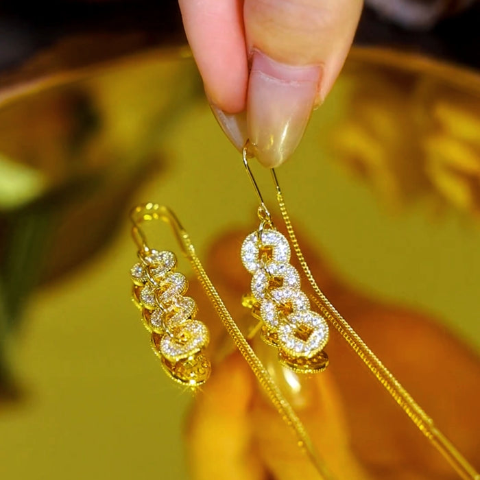 18K Gold-Plated Elegant Zircon Diamond Coin Tassel Threader Earrings