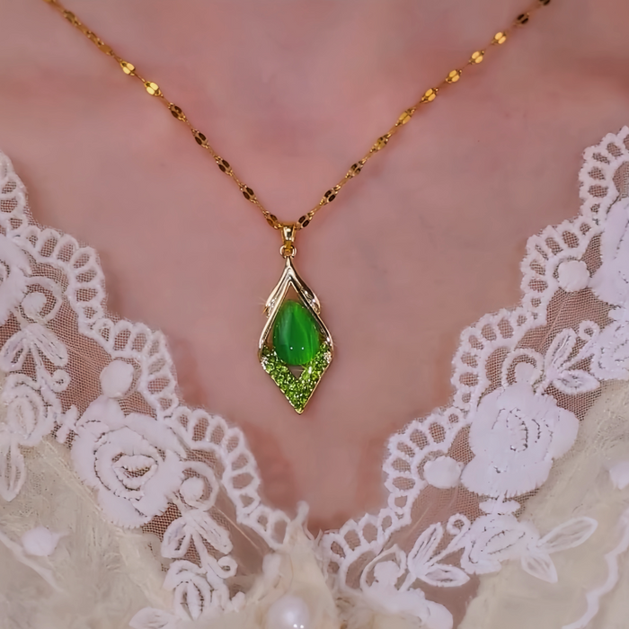 18K Gold-Plated Green Cat's Eye Diamond Pendant Necklace