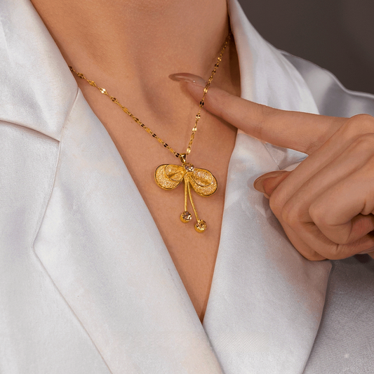 18K Gold-Plated Mesh Butterfly Bow Pendant Necklace