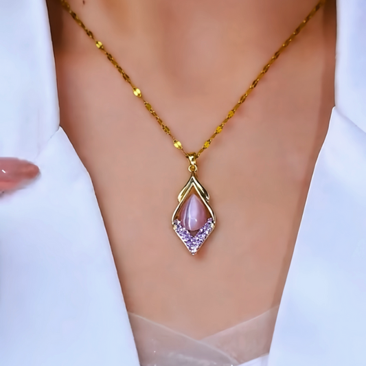 18K Gold-Plated Zircon Diamond Purple Crystal Stone Water Drop Necklace