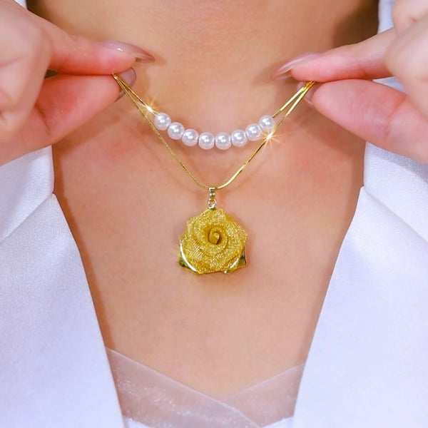 Double-layer golden rose pearl necklace(24k gold plated)