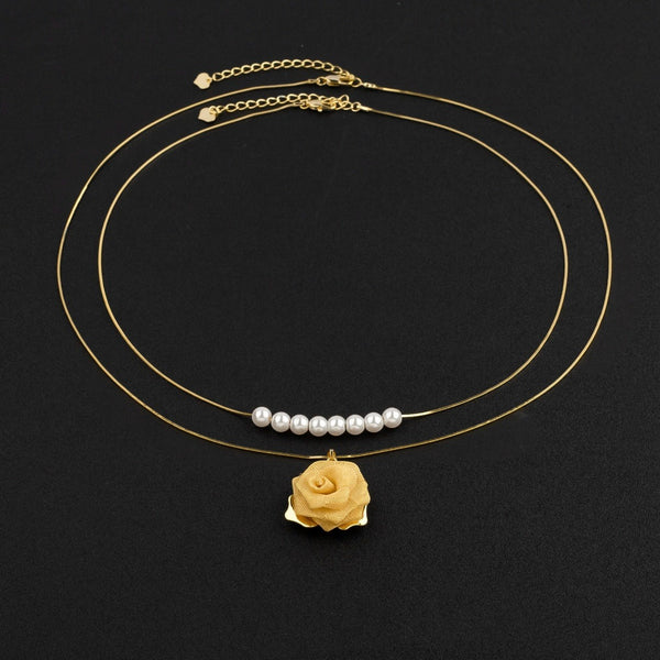 Double-layer golden rose pearl necklace(24k gold plated)