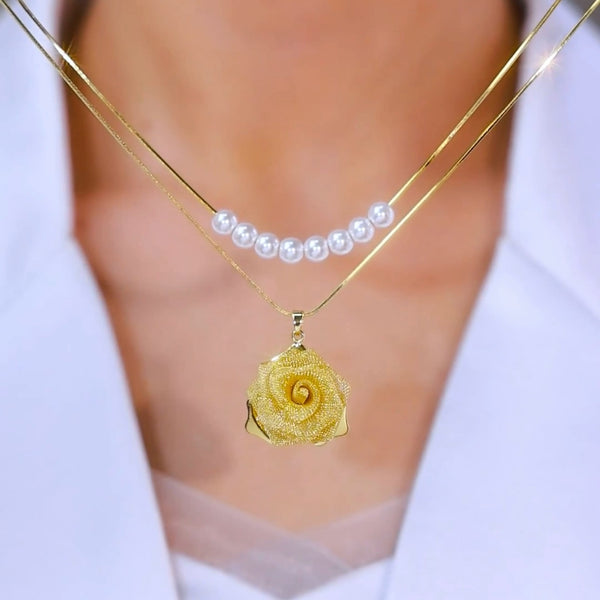 Double-layer golden rose pearl necklace(24k gold plated)